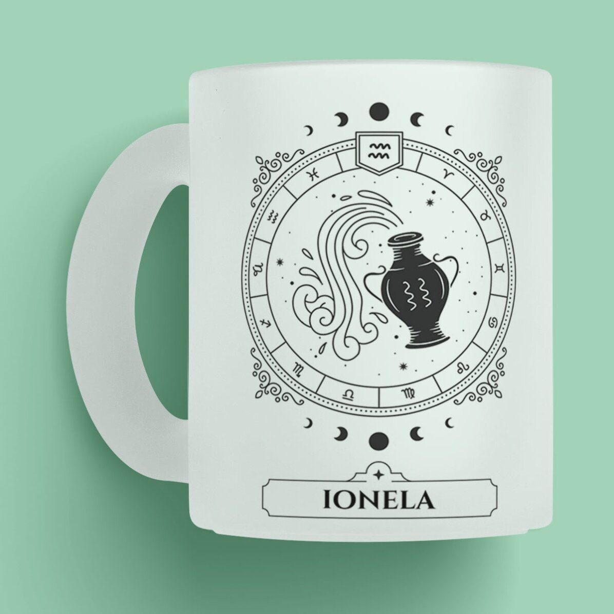 Cană sticlă mată personalizată cu nume și zodie - Vărsător