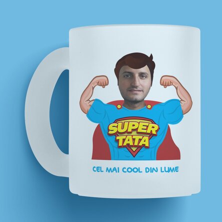 Cană sticlă mată personalizată cu o poză și mesaj - Tata, eroul meu 