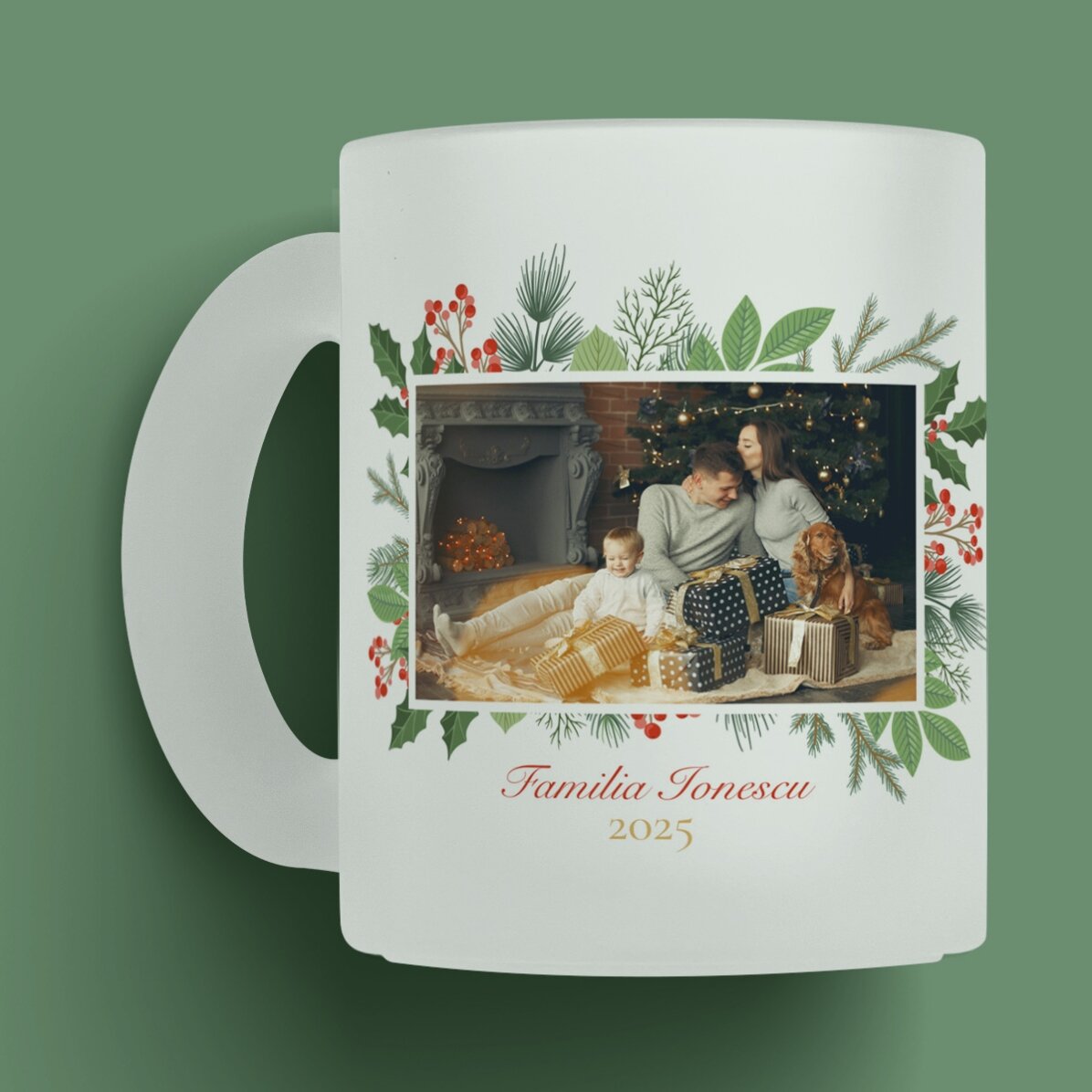 Cană sticlă mată personalizată cu o poză și text - Crăciun Fericit! 