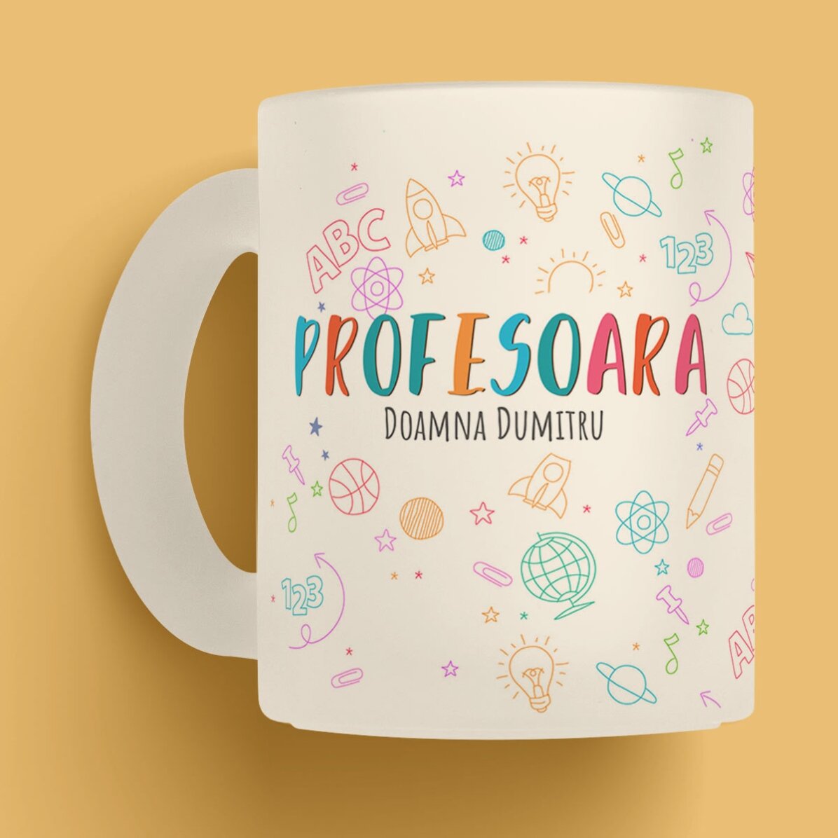 Cană sticlă mată personalizată cu text - Cana Profesorului