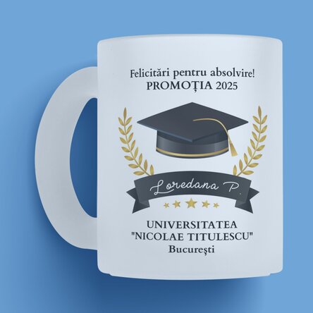 Cană sticlă mată personalizată cu text - Felicitări pentru absolvire 