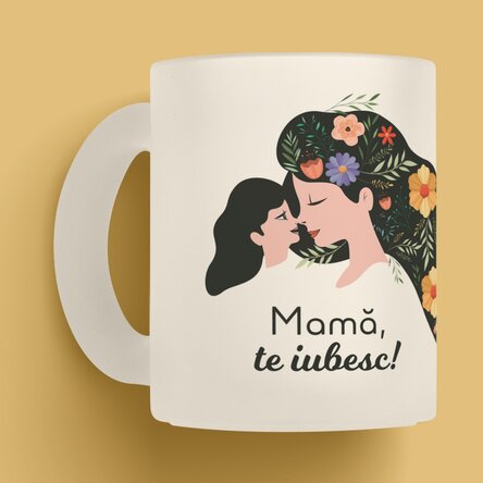 Cană sticlă mată personalizată cu text - Mamă, te iubesc! 
