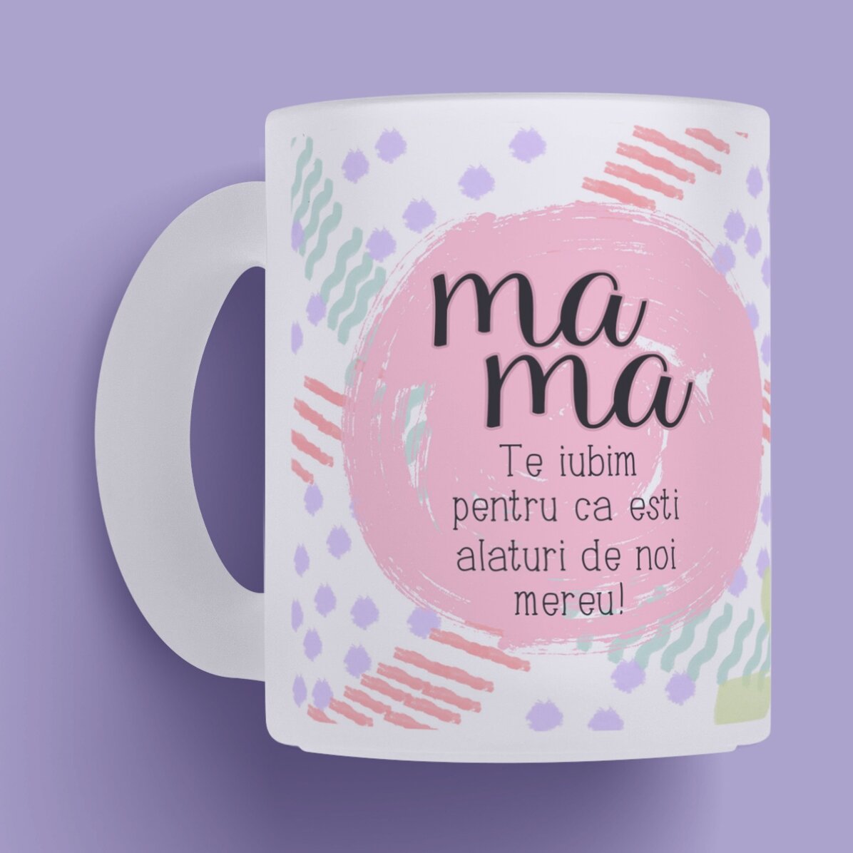Cană sticlă mată personalizată cu text pentru mama - Pastel 