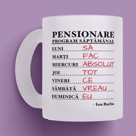 Cană sticlă mată personalizată cu text - Program săptămânal