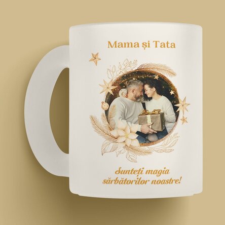 Cană sticlă mată personalizată cu text și 2 poze - Magia sărbătorilor
