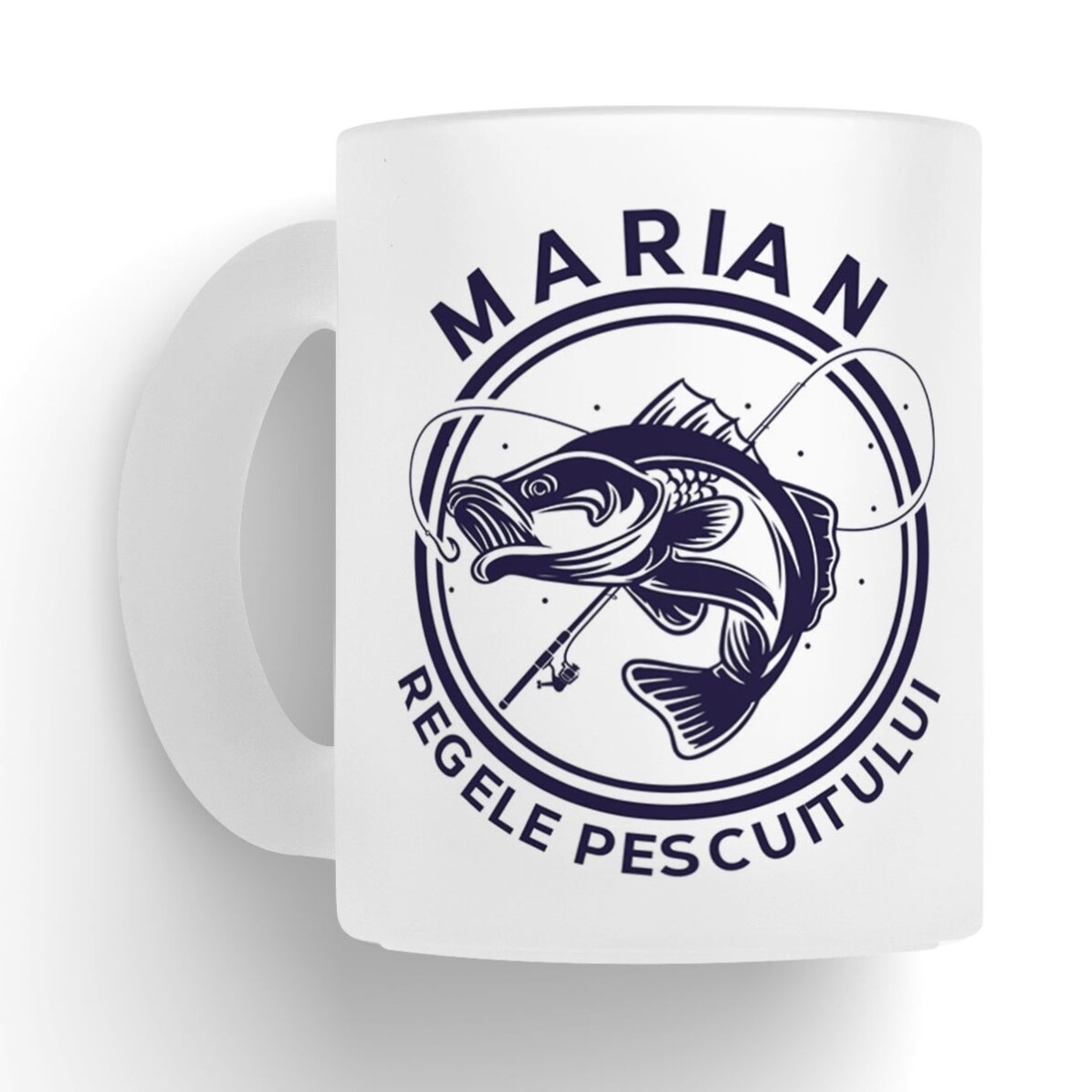 Cană sticlă mată personalizată cu text și nume - Regele pescuitului