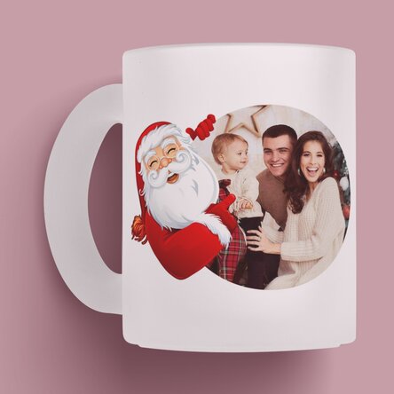 Cană sticlă mată personalizată cu text și o poză cu Moș Crăciun