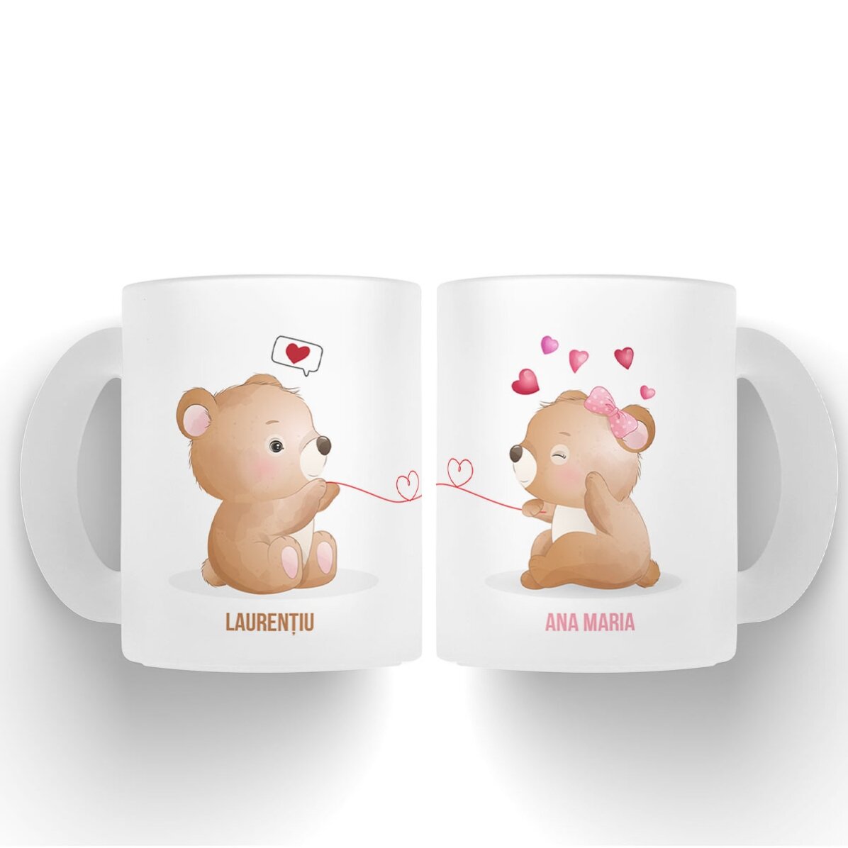 Cană sticlă mată personalizată cu text - Ursuleți îndrăgostiți