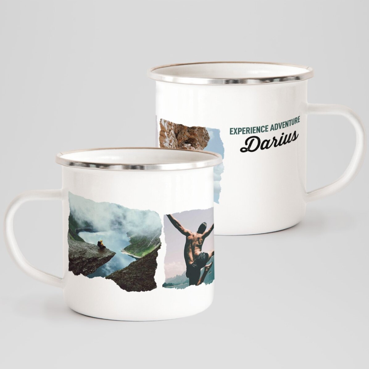 Cană metalică emailată cu 3 poze și mesaj - Experience adventure
