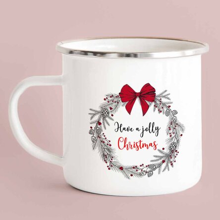 Cană metalică emailată cu text - Jolly Christmas