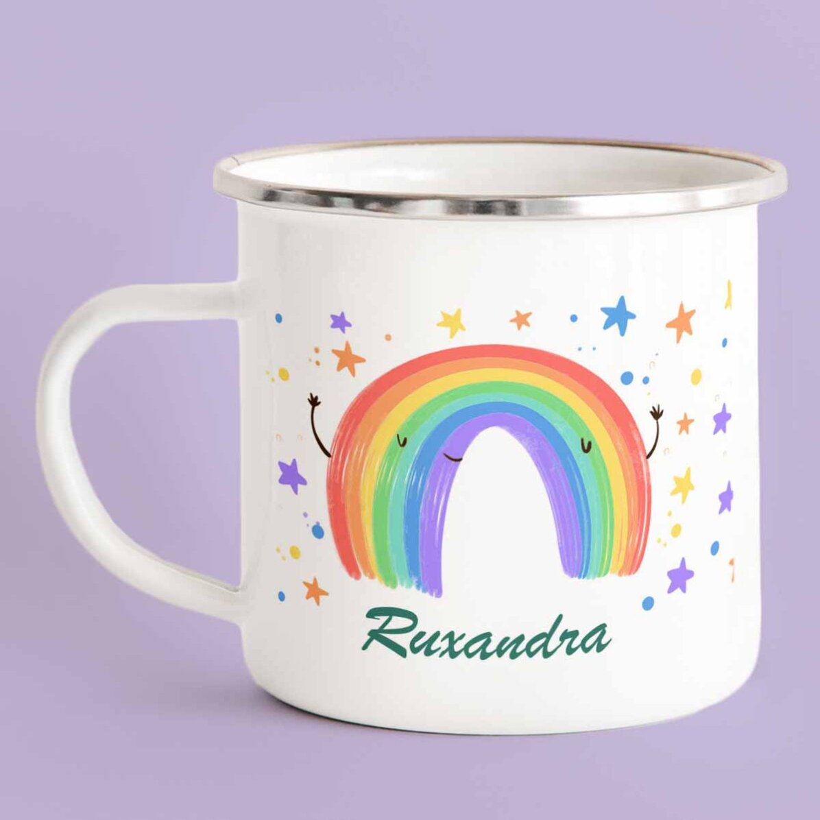 Cană metalică emailată cu text - Rainbow