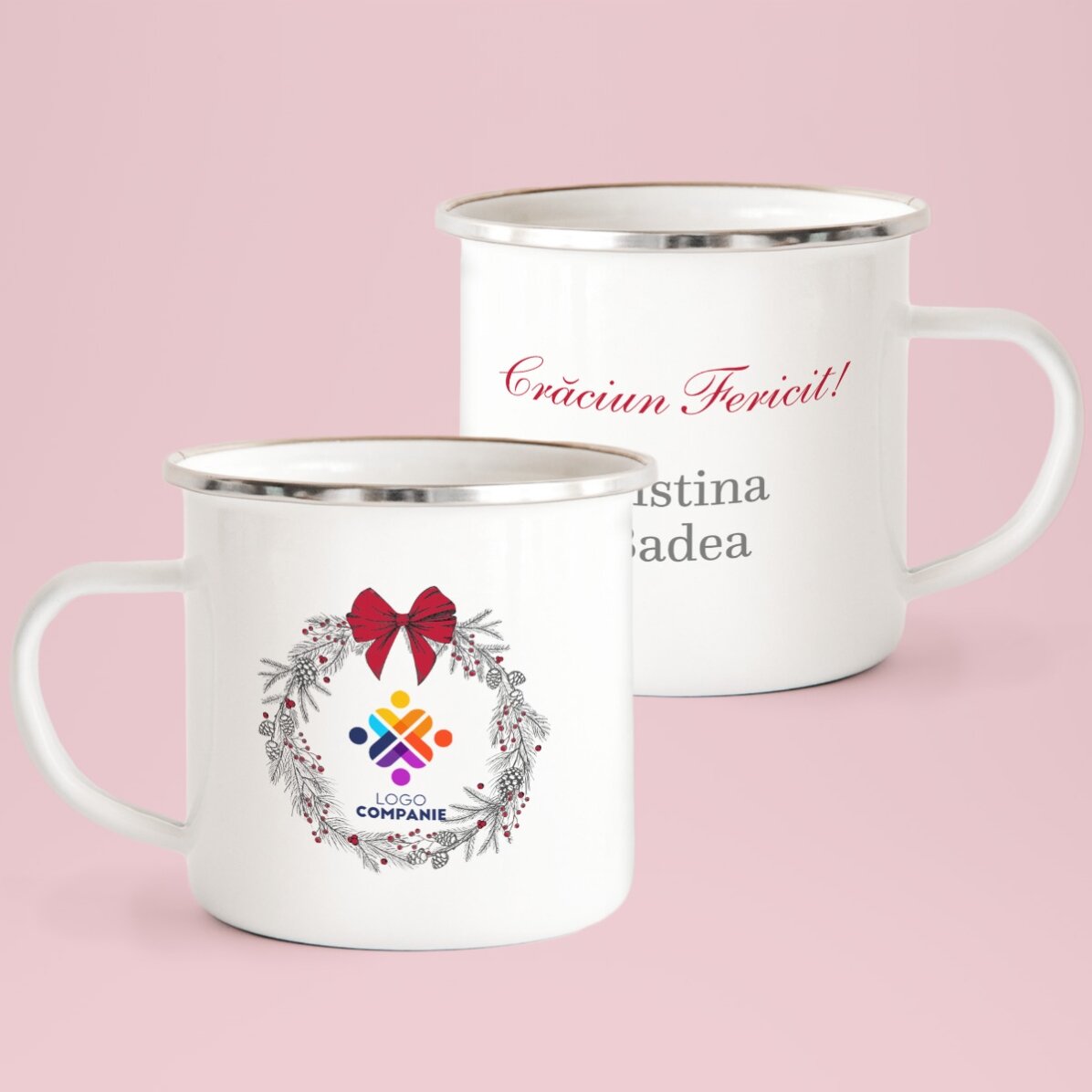 Cană metalică emailată cu text și logo - Crăciun Fericit!