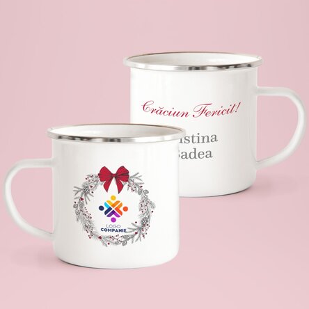 Cană metalică emailată cu text și logo - Crăciun Fericit!