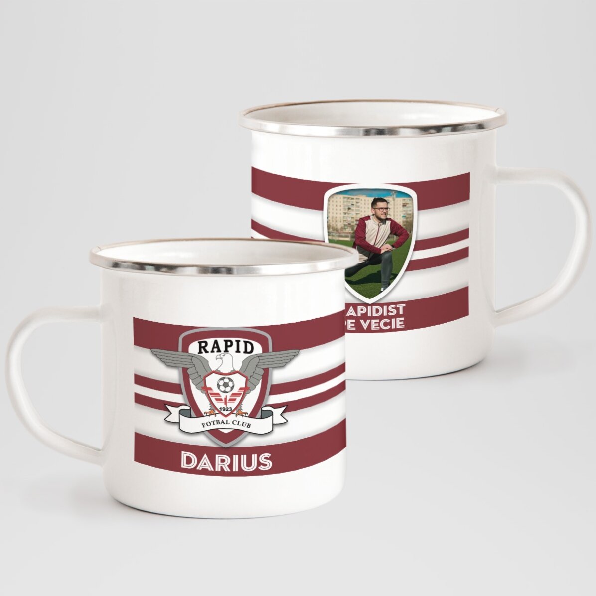 Cană metalică emailată FC Rapid personalizată cu poză și text - Rapidist pe vecie