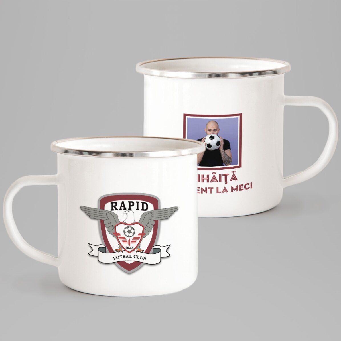 Cană metalică emailată FC Rapid personalizată cu poză și text