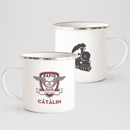 Cană metalică emailată FC Rapid personalizată cu text - Locomotiva Rapid