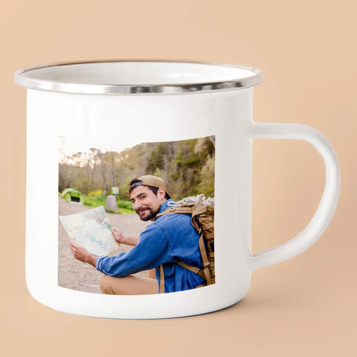 Cană metalică emailată personalizată cu 2 poze