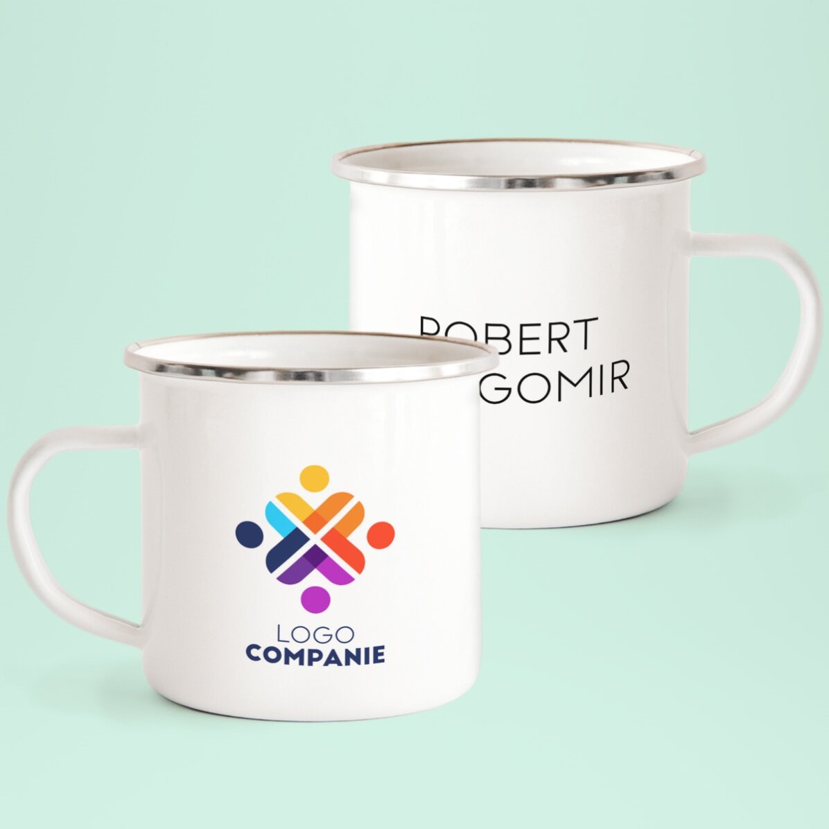 Cană metalică emailată personalizată cu logo și nume