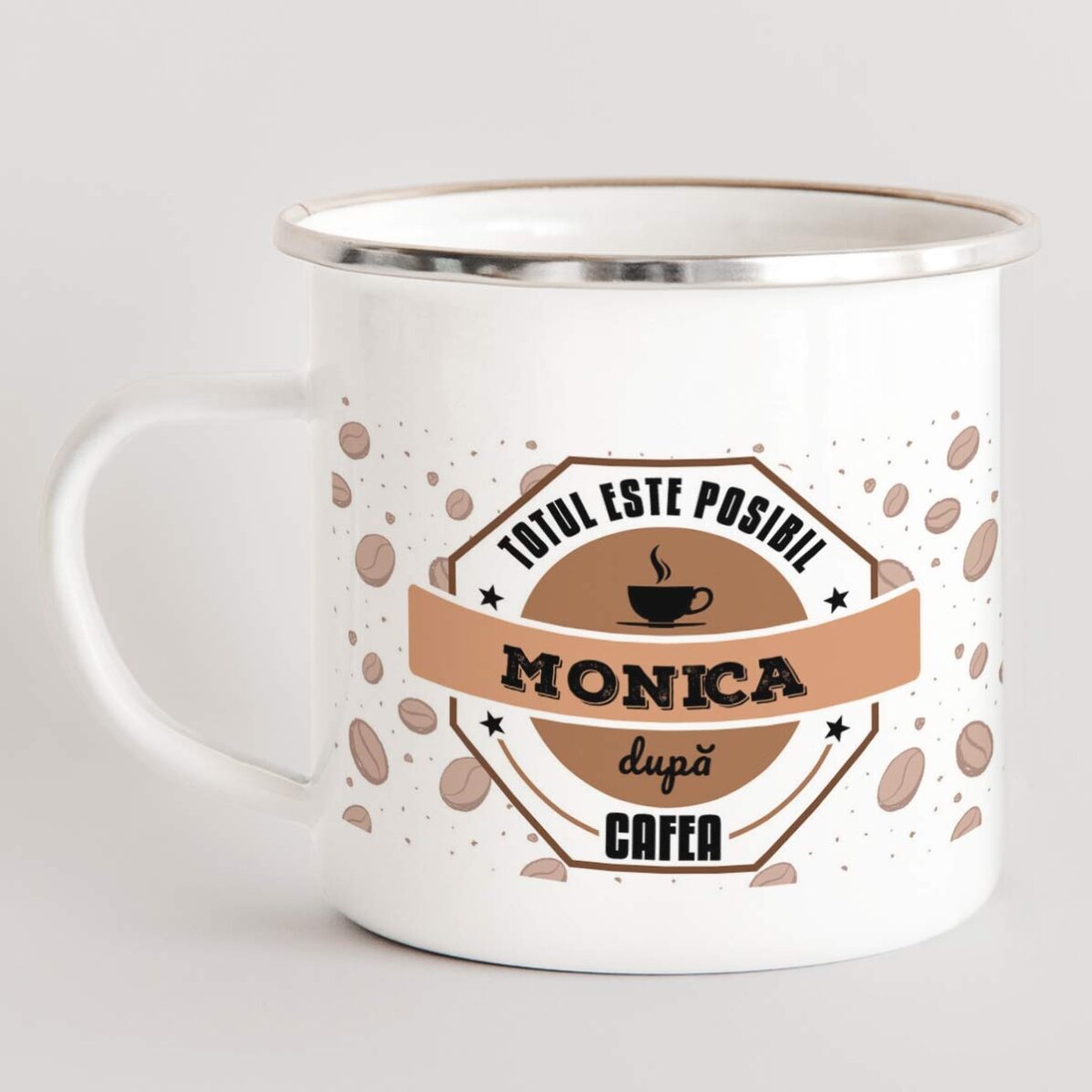 Cană metalică emailată personalizată cu mesaj - Totul este posibil