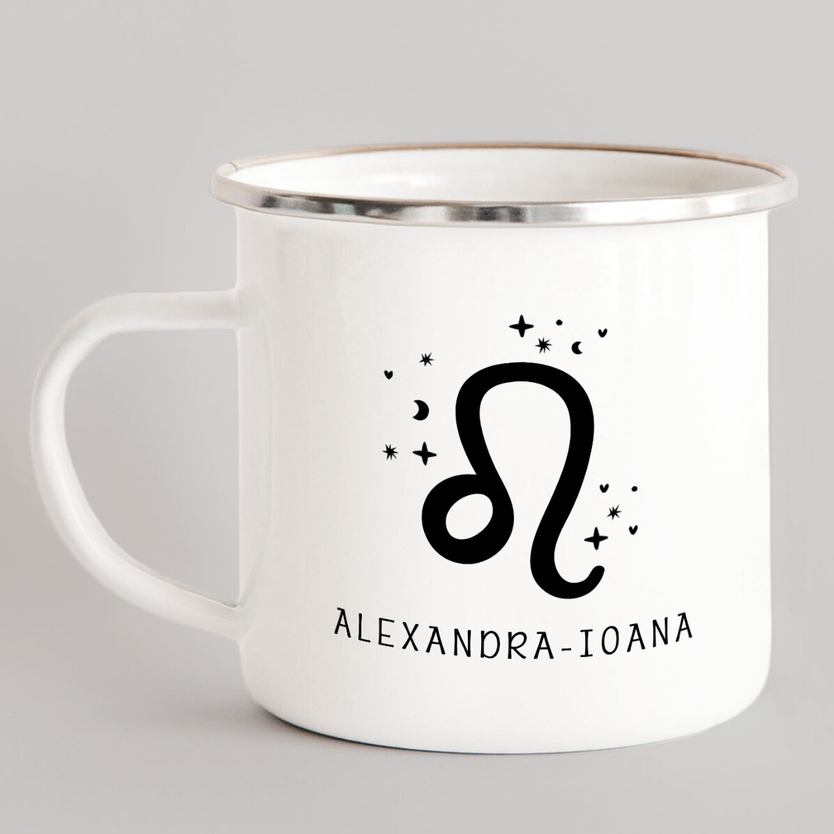 Cană metalică emailată personalizată cu mesaj - Zodia Leu