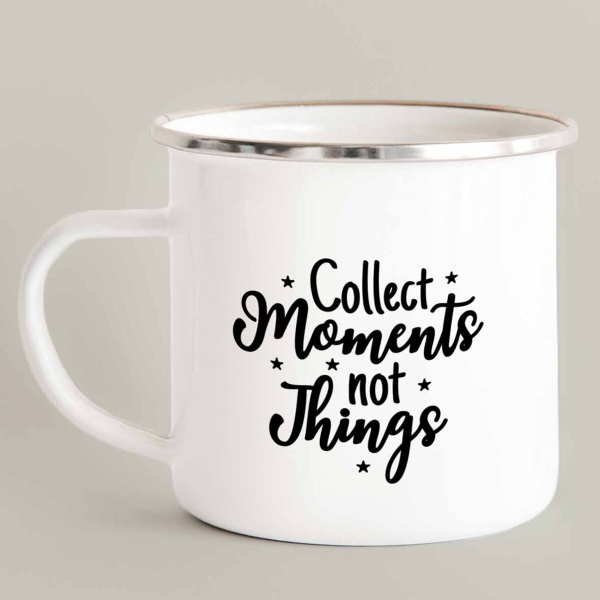 Cană metalică emailată personalizată cu poza - Collect moments not things