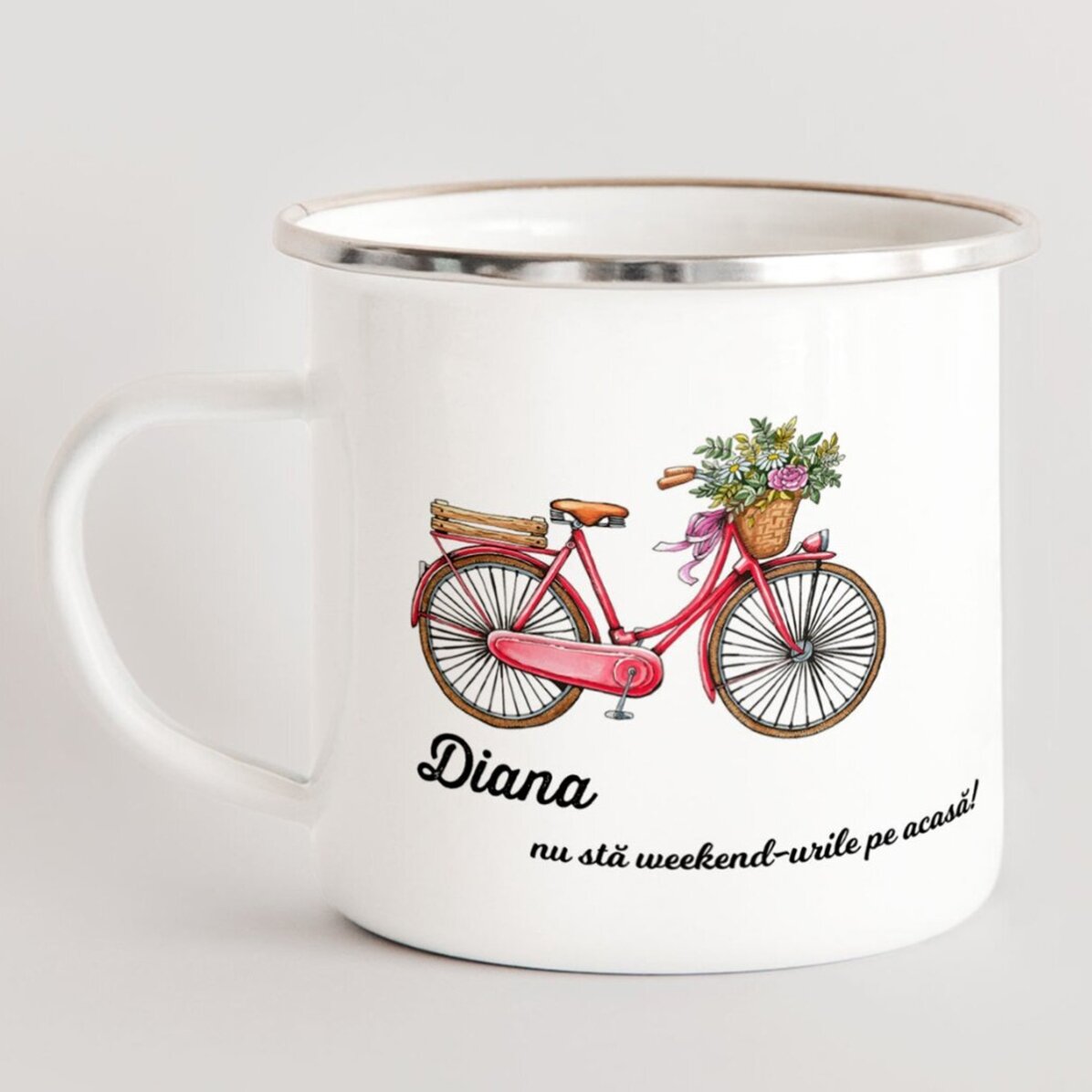 Cană metalică emailată personalizată - model bicicletă retro 