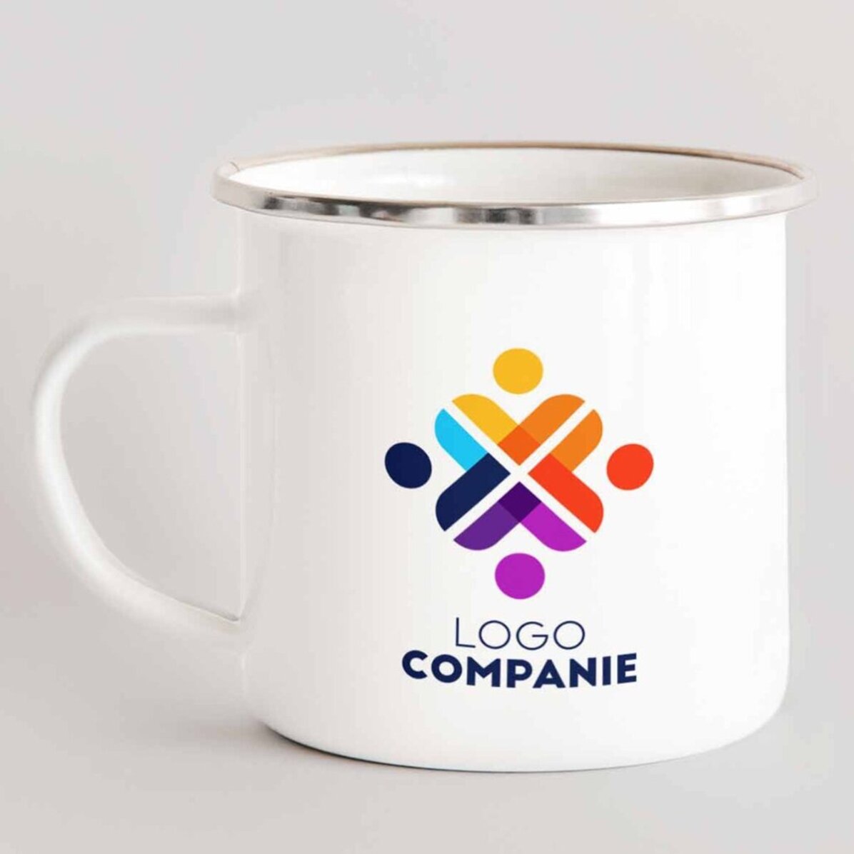 Cană metalică emailată personalizată cu logo pe ambele părți