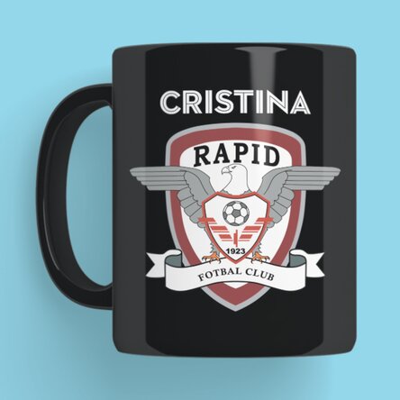 Cană neagră FC Rapid personalizată cu nume