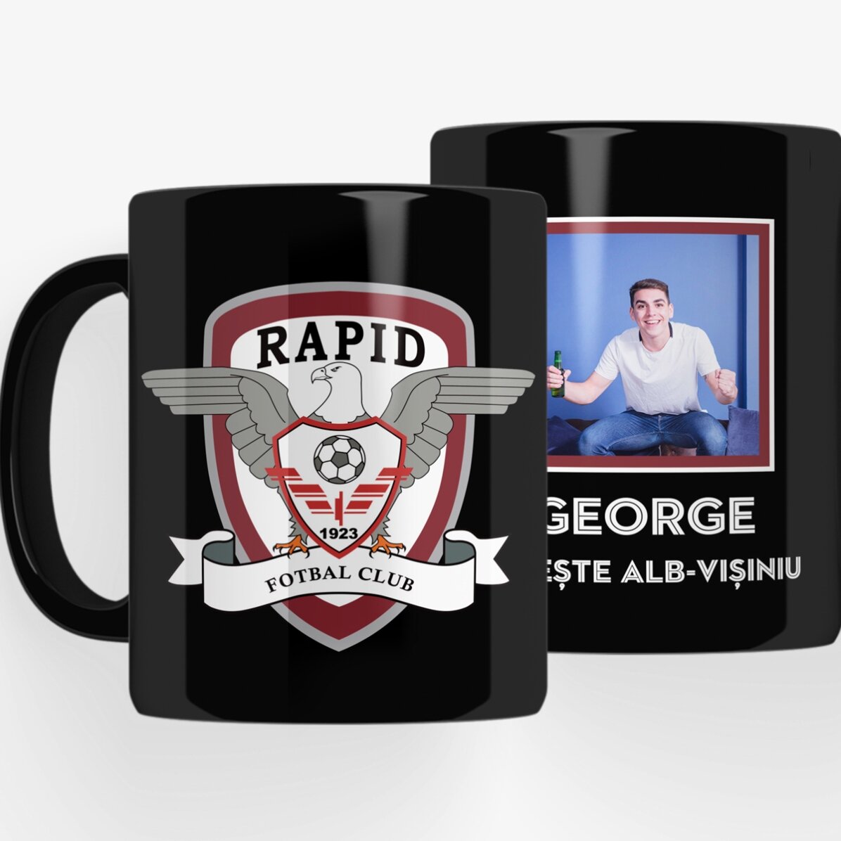 Cană neagră FC Rapid personalizată cu poză și text - Iubire alb-vișinie