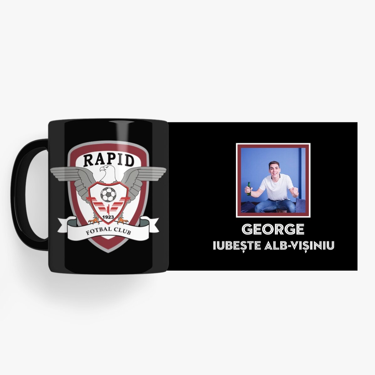 Cană neagră FC Rapid personalizată cu poză și text - Iubire alb-vișinie