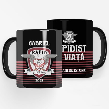 Cană neagră FC Rapid personalizată cu text - Rapidist pe viață