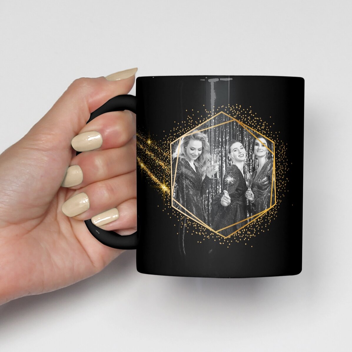 Cană neagră personalizată cu 2 poze