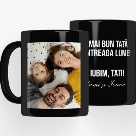 Cană neagră personalizată cu o fotografie și mesaj
