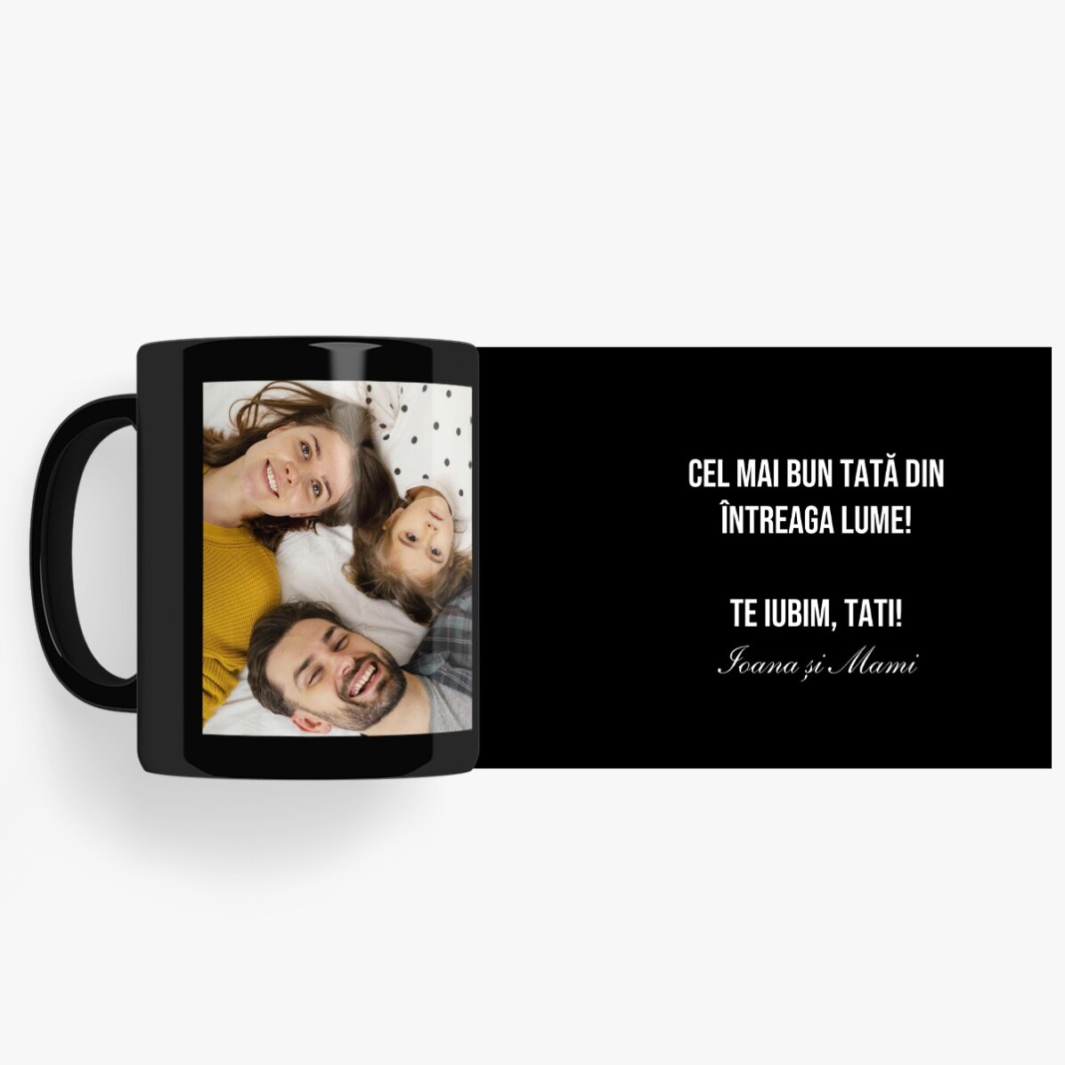 Cană neagră personalizată cu o fotografie și mesaj