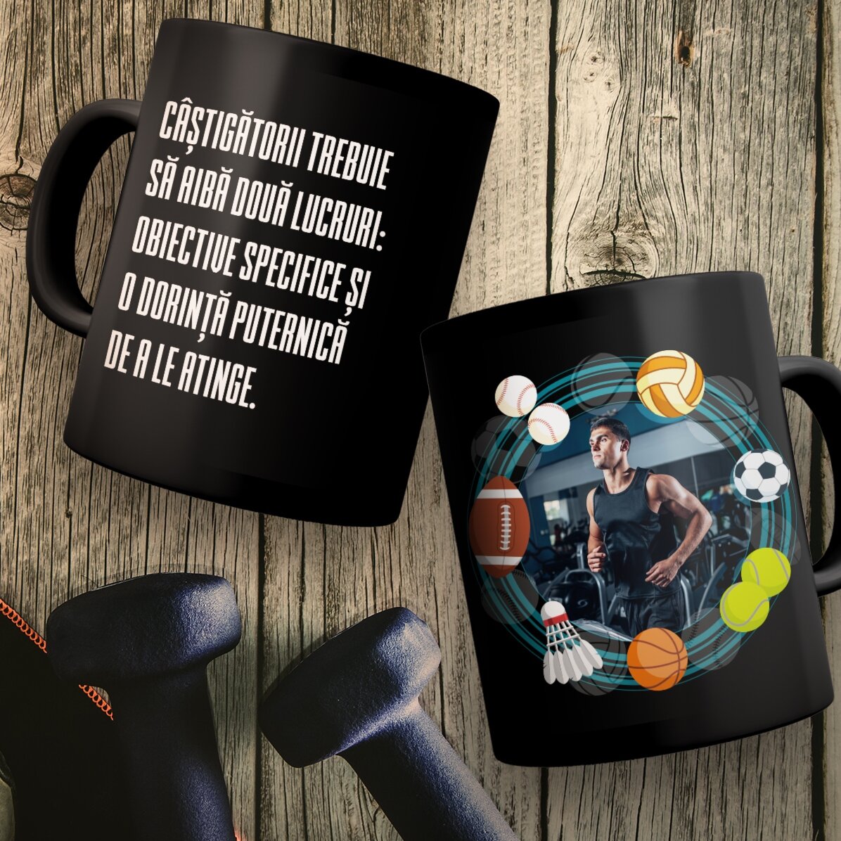 Cană neagră personalizată cu text pentru Sportivi
