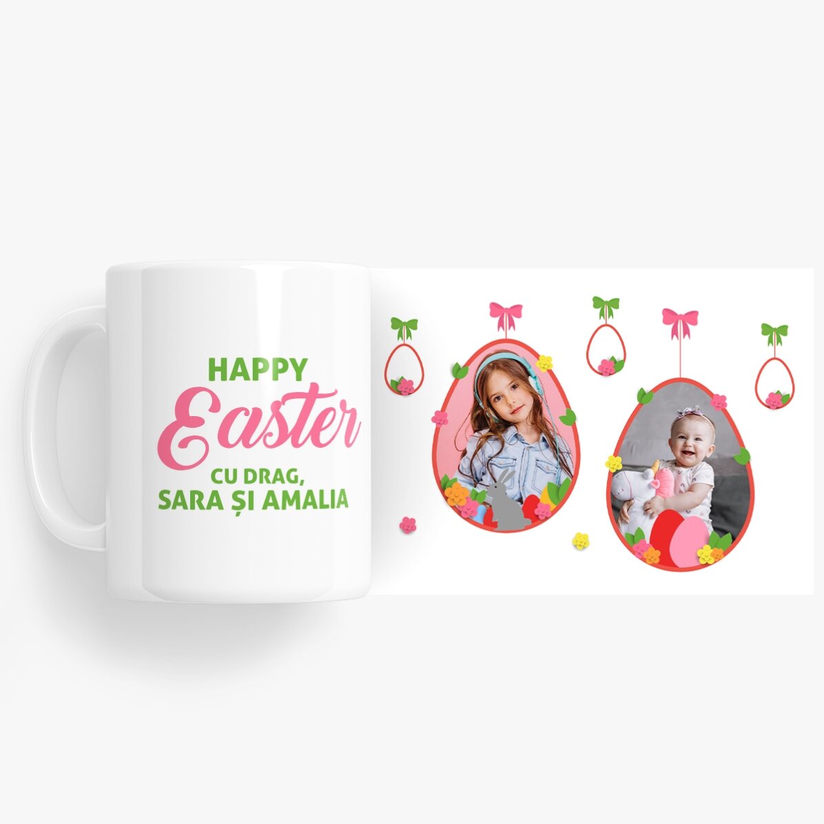 Cană personalizată cu 2 poze și text - Happy Easter