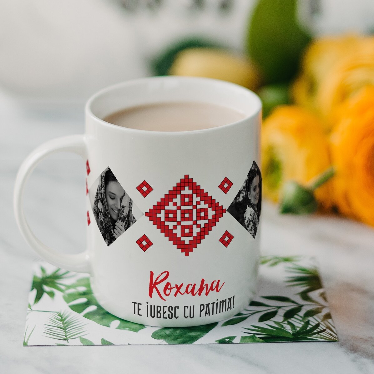 Cană personalizată cu 2 poze și text - Te iubesc cu patimă!