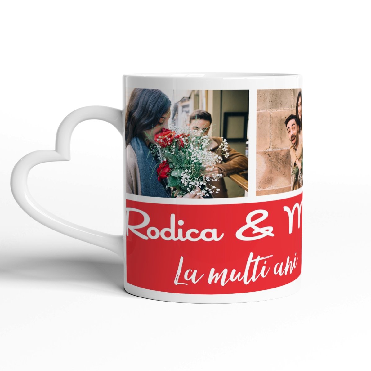 Cană personalizată cu 3 poze și text  - model toartă în formă de inimă 