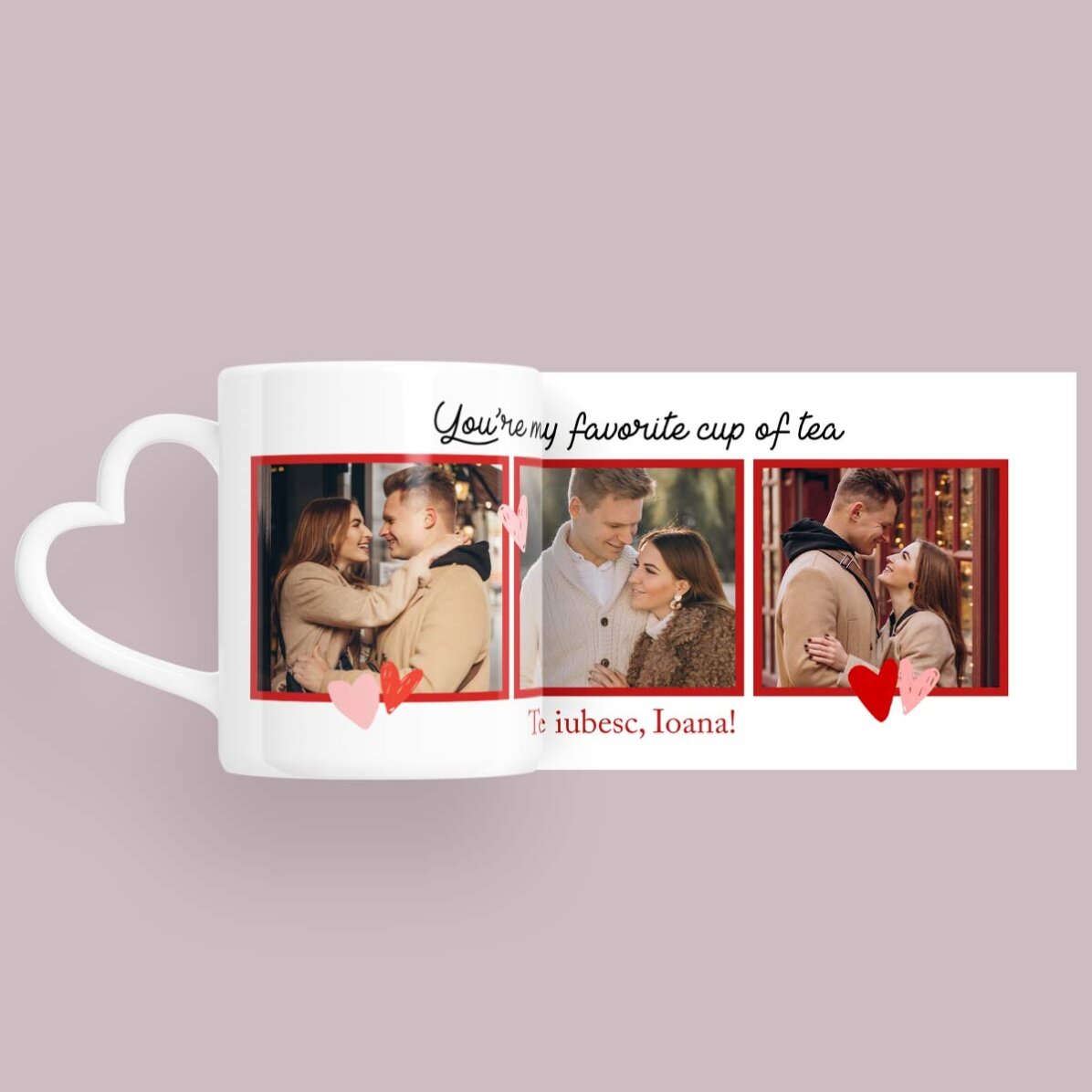 Cană personalizată cu 3 poze și text - My favorite - model toartă în formă de inimă 