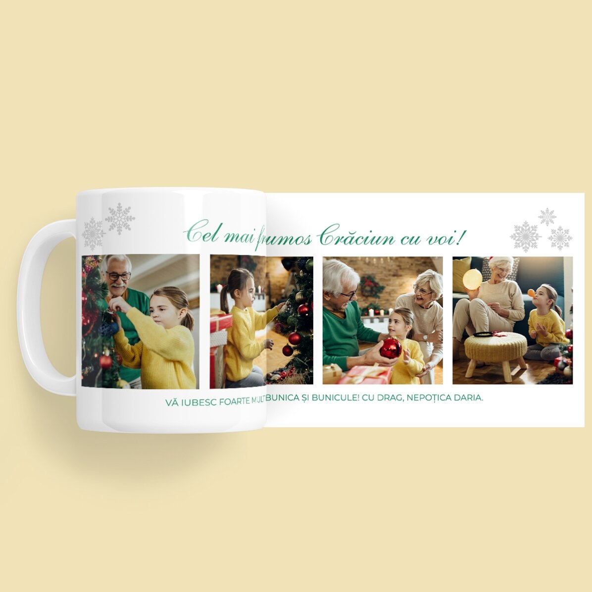 Cană personalizată cu 4 poze și mesaj de Crăciun pentru bunici