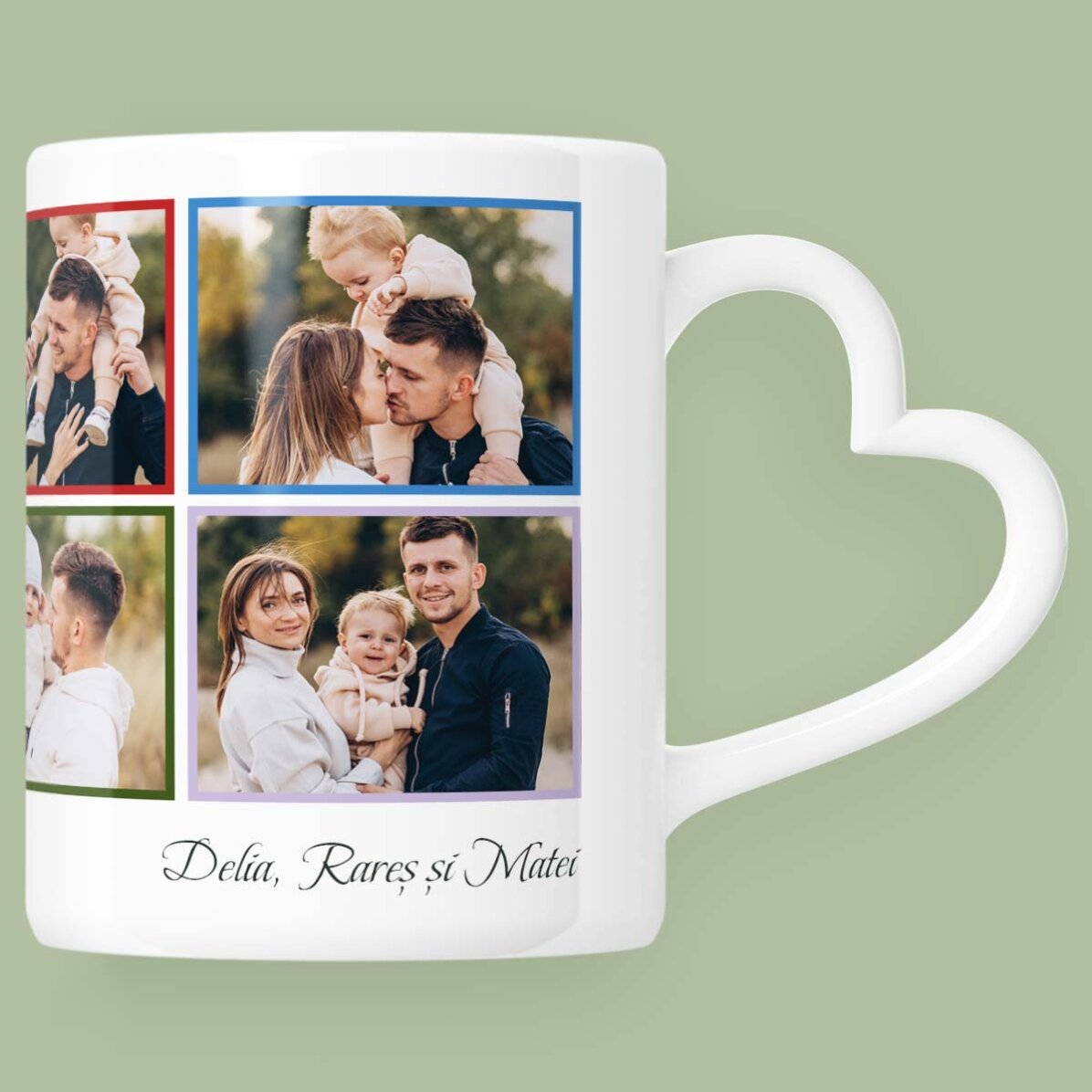 Cană personalizată cu 8 poze și text - model toartă în formă de inimă 