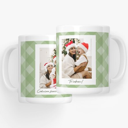 Cană personalizată cu două poze și text - Carouri verzi