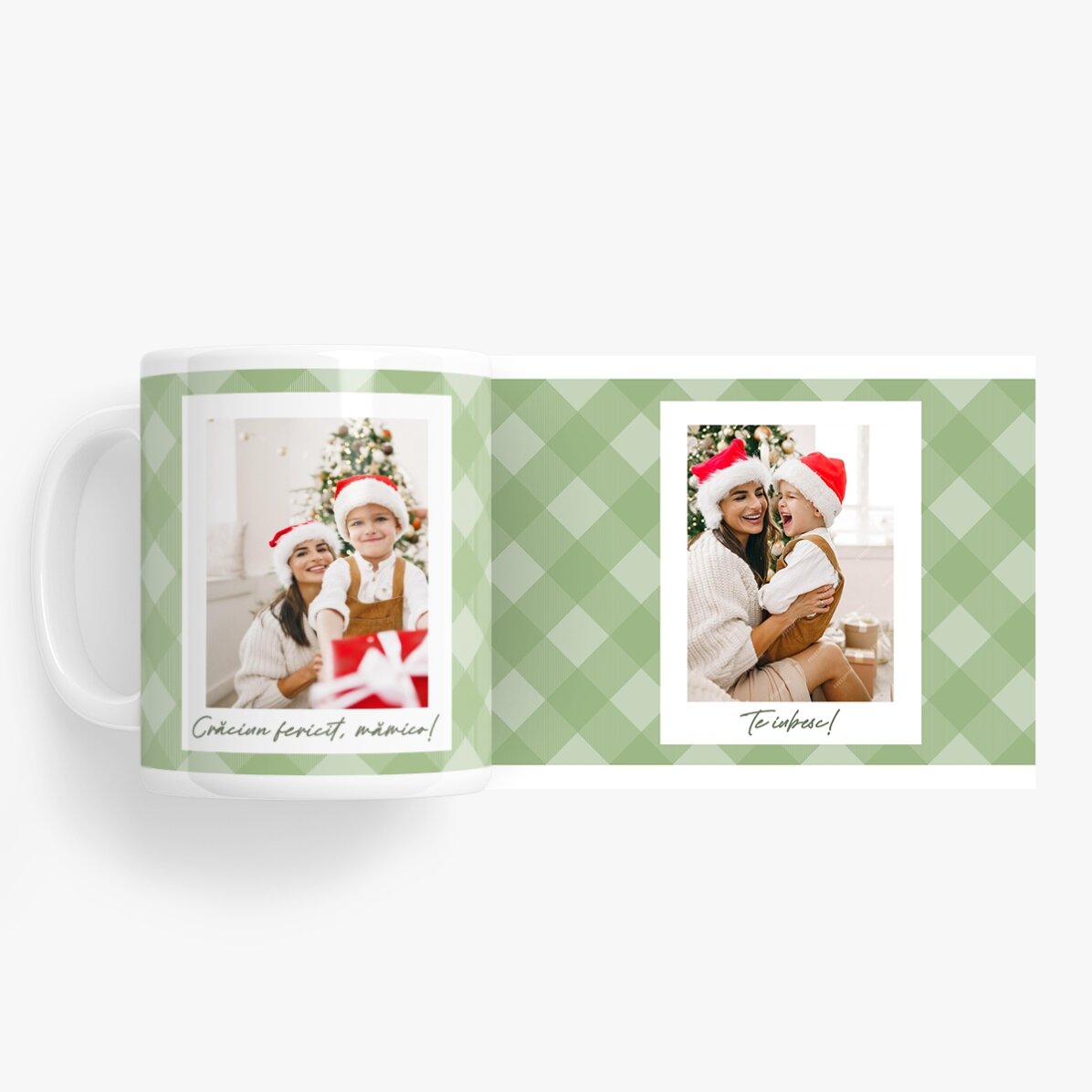 Cană personalizată cu două poze și text - Carouri verzi