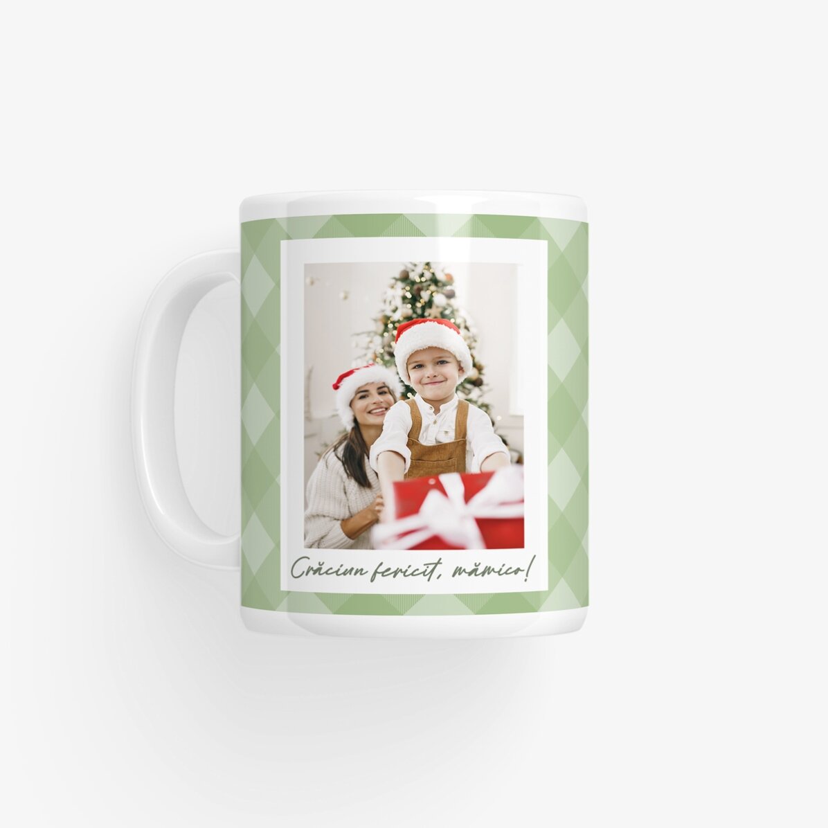 Cană personalizată cu două poze și text - Carouri verzi