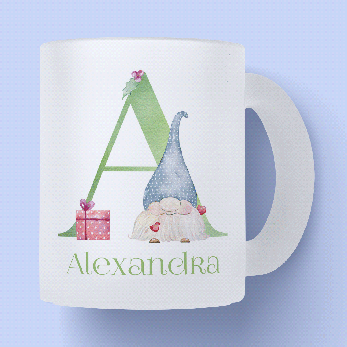 Cană sticlă mată personalizată cu monogramă si nume - Crăciun