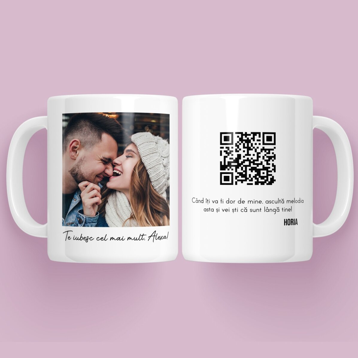 Cană personalizată cu o poză, mesaj și cod QR 