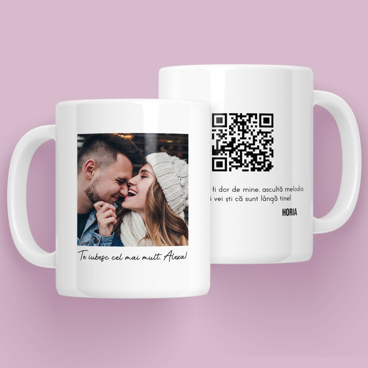Cană personalizată cu o poză, mesaj și cod QR 