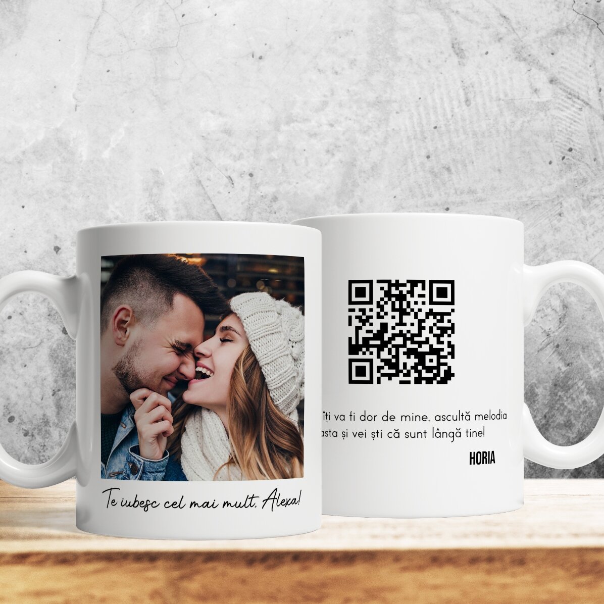 Cană personalizată cu o poză, mesaj și cod QR 