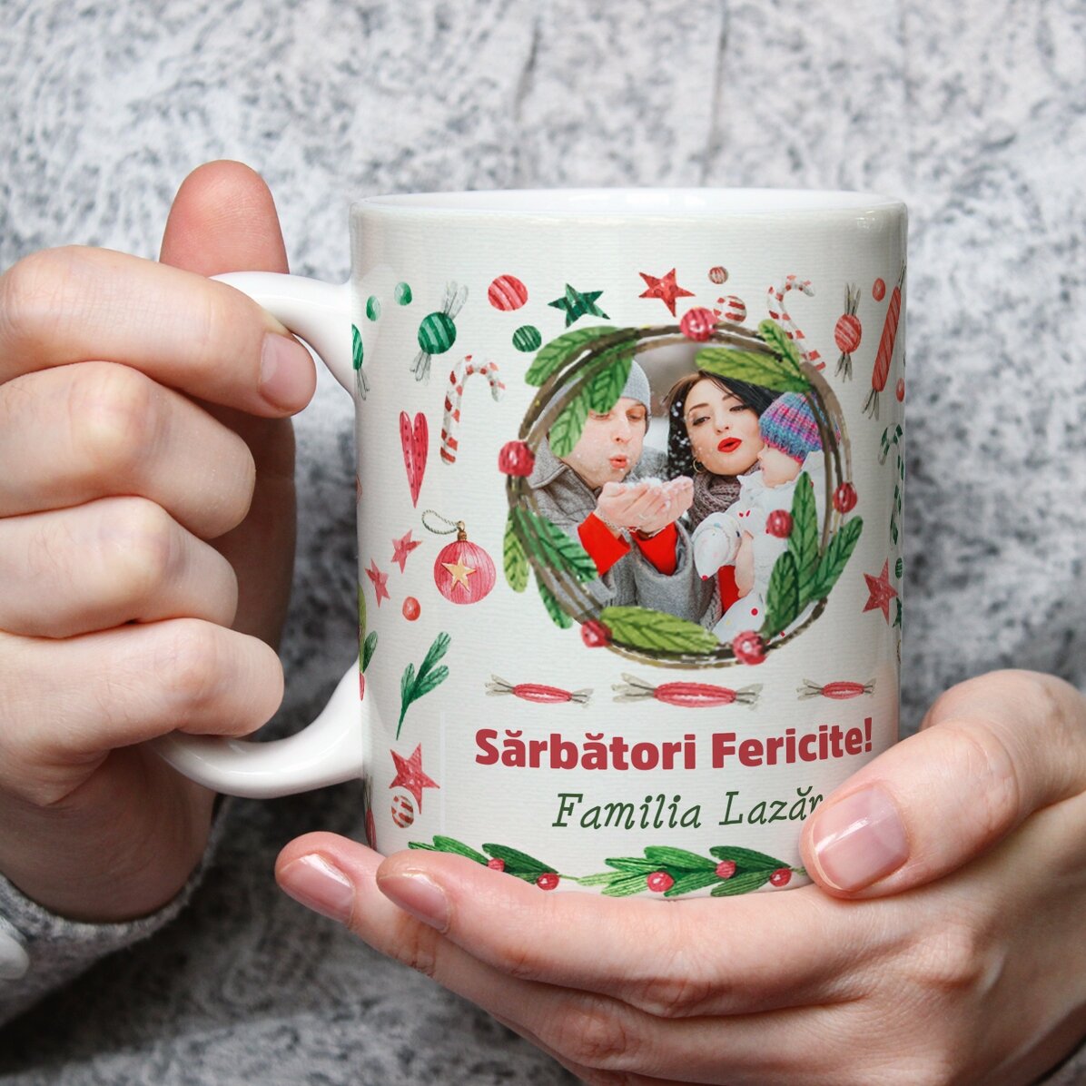 Cană personalizată cu o poză și text - model de Crăciun