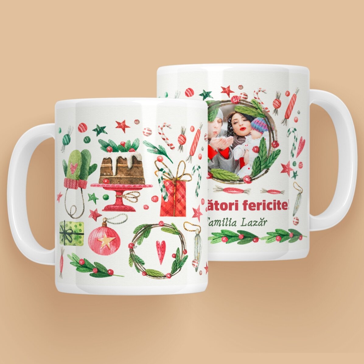 Cană personalizată cu o poză și text - model de Crăciun